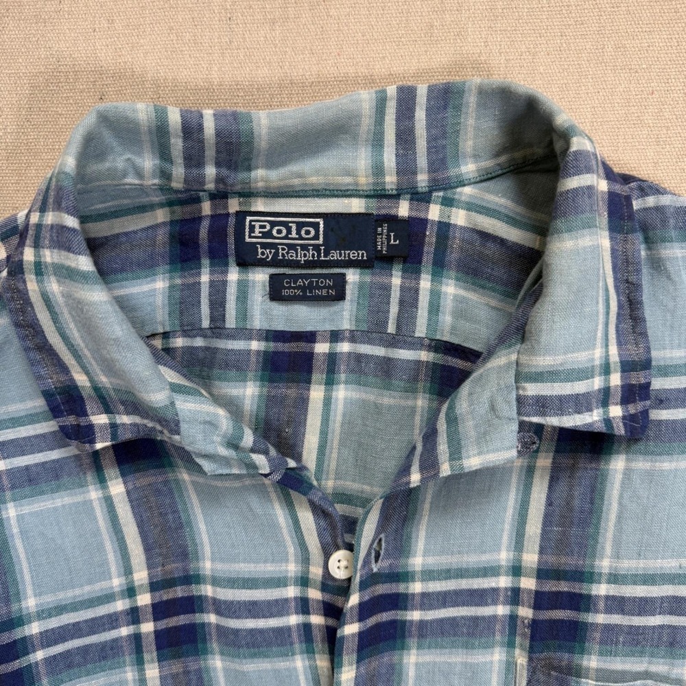 Polo Ralph Lauren Clayton 100% Linen Shirt Mens Large Blue Plaid Short Sleeve - Picture 6 of 7